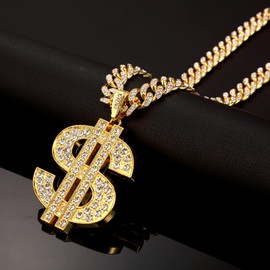Hillban Gold Chain for Men with Dollar Sign Pendant Necklace Diamond Link Dollar Sign Necklaces for 80s 90s Men Hip Hop Rapper Jewelry Gift (12 mm, 24 Inch)
