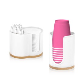 Cotton Swab Storage Case, ABS Cosmetic Cotton Organizer, Paper Cup Box, Cotton Swab Container, Dustproof, Tabletop Storage, Bamboo Lid Included, Small Storage