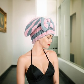2 Pack Microfiber Hair Drying Cap Towel - Soft & Quick Dry Hair Towel with Bow-Knot Shower Cap for Women and Girls,Pink Gray & Pink White