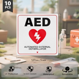 YIKIADA 10 PCS AED Stickers Automated External Defibrillator Sign 5 × 5 Inches Vinyl Waterproof Self Adhesive Fade Resistant Sticker for Home Cars Schools Businesses