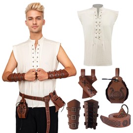 MVFEUIJ Medieval Renaissance Clothing Set, Men's Viking Costume Lace-up Shirt with Belt, Wrist Guards Accessories, Victorian Linen Shirt, Sleeveless (XL)