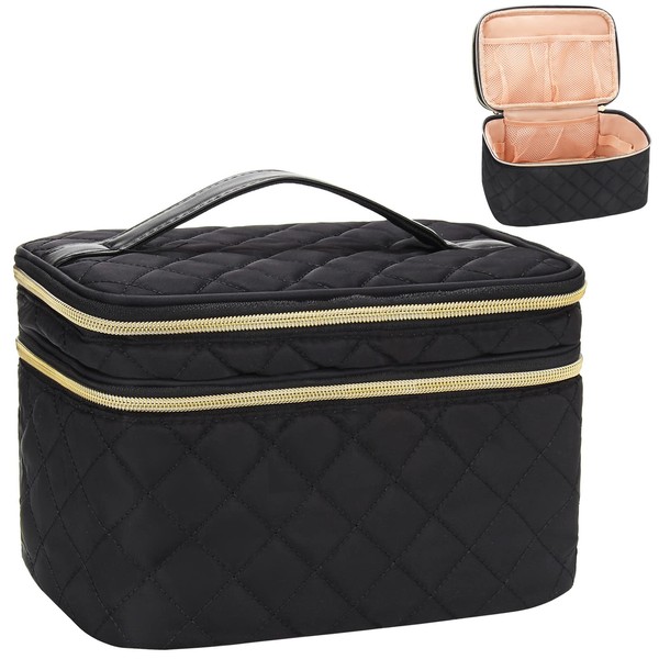 Makeup Bag, Makeup Organizer Large Capacity Travel Cosmetic Bag for Women and Girls, Dual Layer Makeup Brush Case Toiletry Storage and Holder with Dividers Portable Black Makeup Case for Accessories