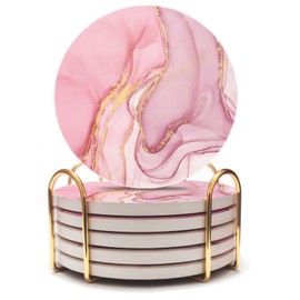 ALSNWNZ Pink Coasters Set of 6, Absorbent Ceramic Coasters for Drinks with Gold Holder, Cork Backing, for Table Home Kitchen Decor Housewarming