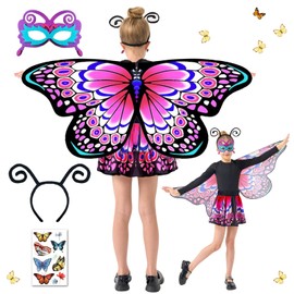 Butterfly Sling Cape for Children, 5 Pieces Butterfly Wings for Girls with Mask, Tutu Skirt, Tulle Skirt, Headband Tattoos Butterfly Wings Costume, Fairy Wings Princess Elves, 117 x 47 cm (W)