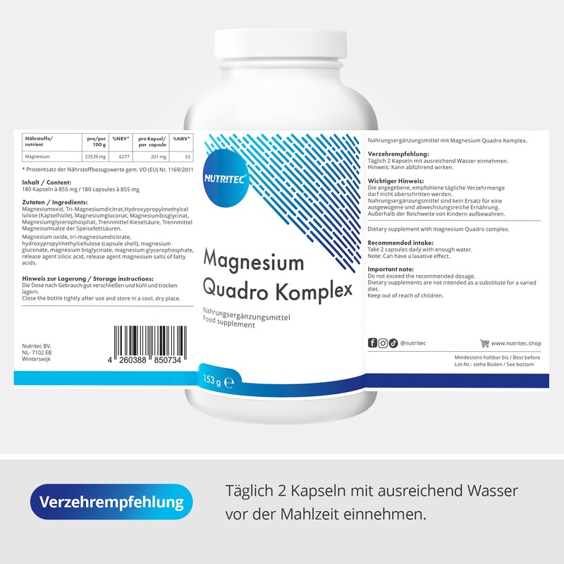 Nutritec Magnesium Quadro Complex, 180 Capsules, Magnesium High Dose Capsules