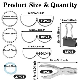 LXBCTOP 110 PCS Binder Rings, 20 25 30 MM Loose Leaf Binding Ring, Metal Rings with 1 Hole Punch 12 Foldback Clips, Metal Ring Binders for Flashcards Keyring Index Cards Cue Cards Scrapbook Album