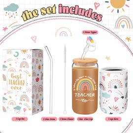 Nuogo Teacher Glass Cup with Lid and Straw Teacher Appreciation Gifts 16 oz Ice Coffee Cup with Sleeve for Birthday Graduation Thank You Gifts(Boho)