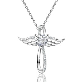 Sterling Silver Trendy Cross Pendant Necklace for Women Dainty CZ Angel Wings Hypoallergenic Jewelry with Silver Chain Fashion Birthday Gift for Women