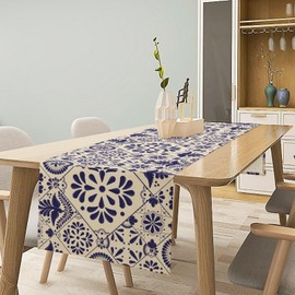 Traditional Mexican Table Runner, Talavera Style Beige Mexican Floral Bird Print Table Runner Holiday Home Picnic Party Dining Room Kitchen Decor, 13x120inch