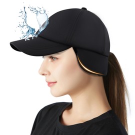 Peicees Winter Fleece Hat with Ponytail Hole Drop Down Ear Flaps Warmer for Women Men Waterproof Running Baseball Cap Riding Black