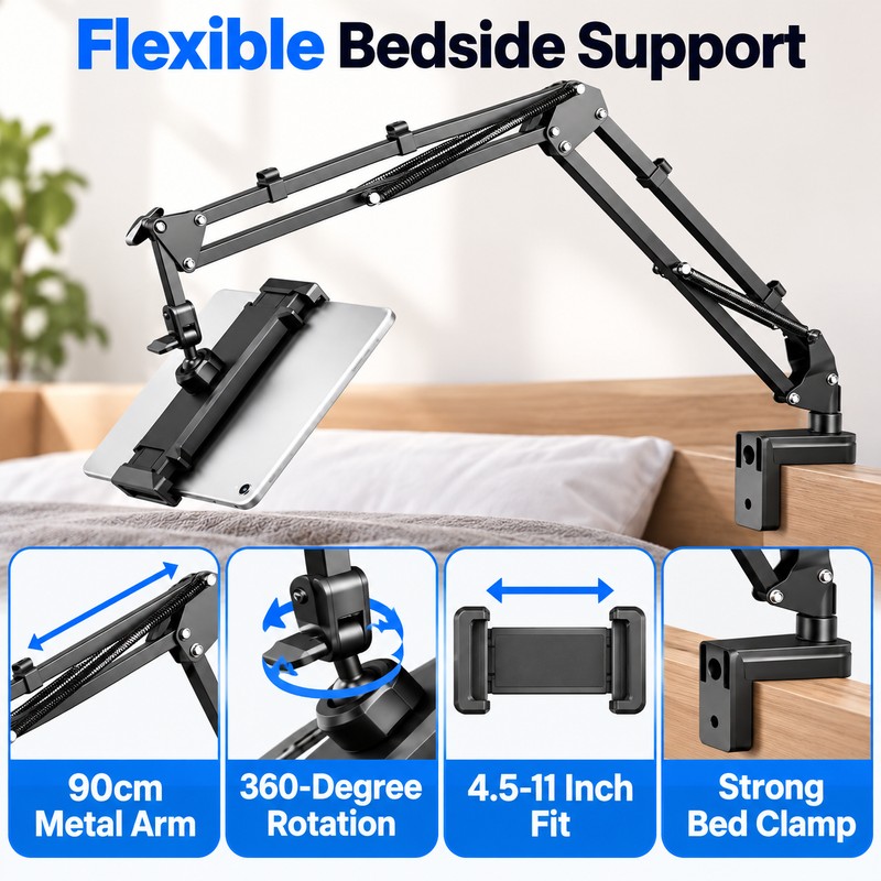 Tablet Holder for Bed with 90cm Metal Arm – 360°