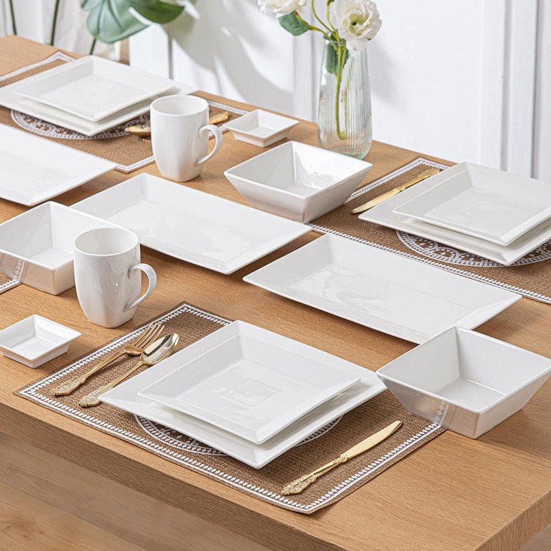 Porlien 24-Piece Classic Square Dinnerware Set for 6-Off White Plates