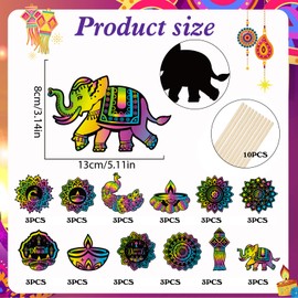 HOWAF 36 Diwali Scratch Art for Kids, Diwali Crafts for Kids Diwali Diyas Diwali Rangoli Rainbow Scratch Paper Diwali Decorations Hanging Ornaments Craft Kits Diwali Gifts for Kids Party Bag Fillers