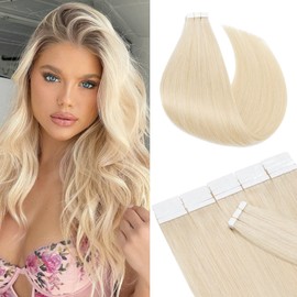 Tape in Hair Extensions Real Human Hair 22inch 10Pcs #60 Platinum Blonde Remy Hair Extension Seamless Straight