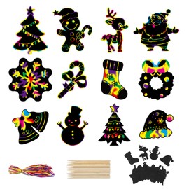 DERAYEE Christmas Scratch Art, Solid Color, Rainbow Pictures, Set of 48, Includes 12 Dedicated Bamboo Pens, Christmas Tree, Decorations, Scratches, Drawing, Colorful, DIY