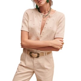 Bianstore Women's Casual Short Sleeve Crewneck Button Down Cardigan Sweater Crochet Knit Top(Beige-L)