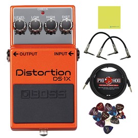 Boss DS-1X Distortion Pedal Bundle w/ 2-Pack Strukture S6P48 Woven Right Angle Patch Cable, Pig Hog PCH10BK "Black Woven" Instrument Cable, 12-Pack Guitar Pick and Liquid Audio Polishing Cloth