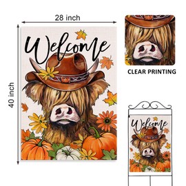 Covido Welcome Fall Highland Cow Decorative House Flag, Autumn Farm Animal Pumpkin Maple Leaves Garden Yard Outside Decorations, Thanksgiving Farmhouse Outdoor Large Home Decor Double Sided 28 x 40