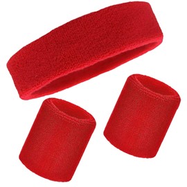 Sweatband Set Wristbands Headbands 3 Pieces Wrist Men Women Sweat Bands for Running Exercise Gym Sports Tennis Basketball Moisture Wicking(Wristbands 3.15 * 3.15 inch)(3PCS-Red)