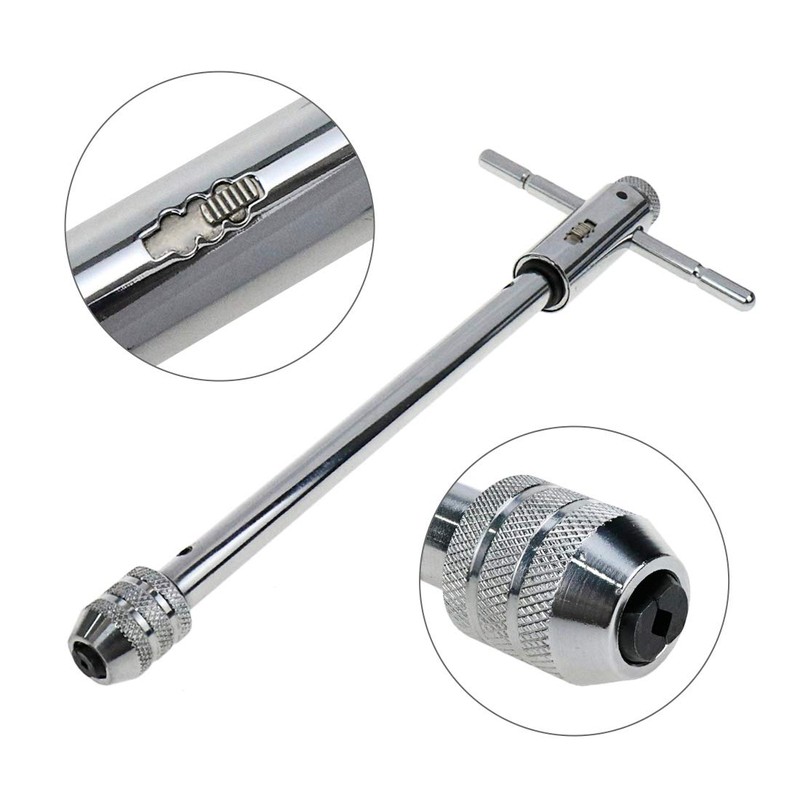 Quluxe Adjustable T-Handle Ratchet Tap Wrench, Silver Alloy Steel, M3-8