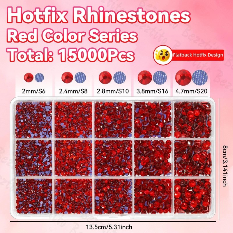 15000Pcs Red Flatback Hotfix Rhinestones for Bedazzling, Red Hotfix Gems