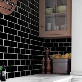 Black Peel and Stick Tile Backsplash Subway Self Adhesive Wall Tiles, 10-Sheet (12"×12")