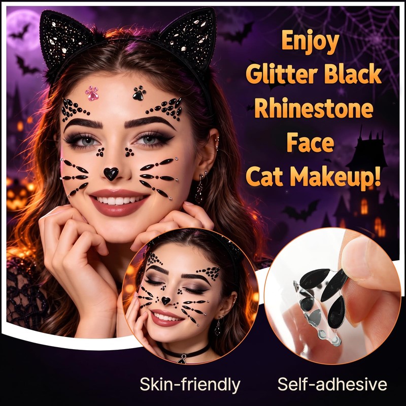 4Pcs Crystal Cat Face Gems Stickers, Halloween Cat Print Gem