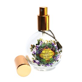 Decorative Refillable Empty Round Glass Spray Mister Perfume Bottle with Vintage Label Hand Painted Violets Sparkling Rhinestones Romantic French Decor Gift for Women