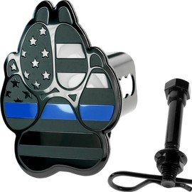 K9 Dog Paw Print Black Flag Metal Hitch Cover with Anti-Rattle Pin Bolt (Fit 2" receivers, Black with Blue Line)