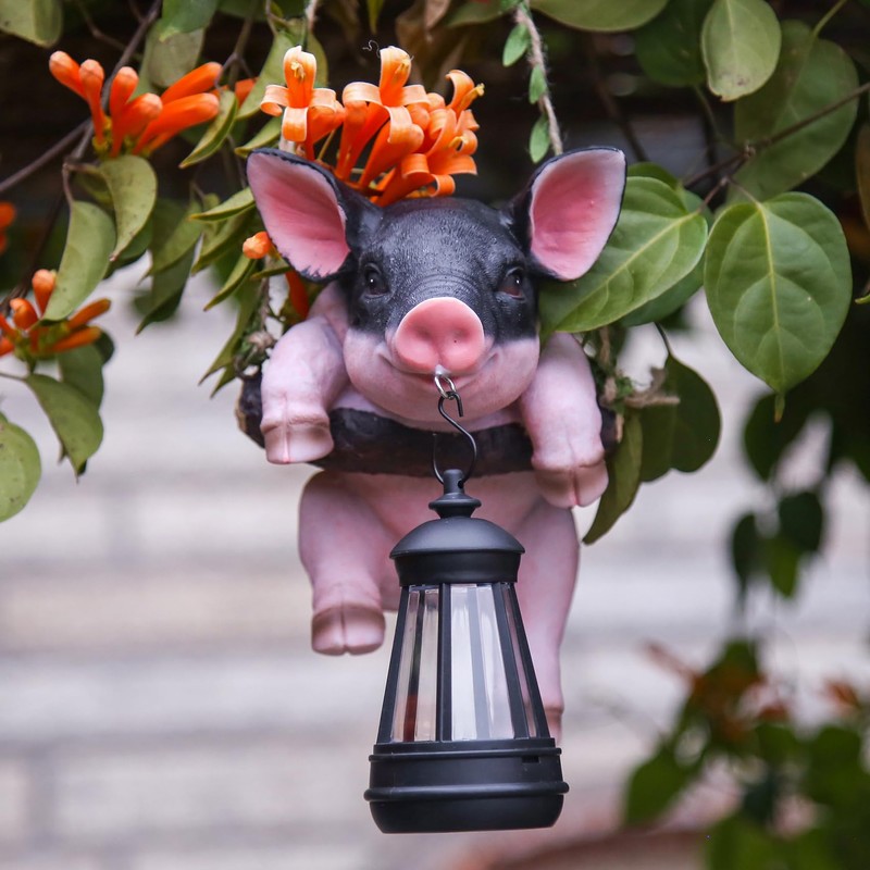 Hanging Pig Garden Lantern, Solar Pig Sculpture Outdoor Resin Garden