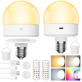 E26 Rechargeable Light Bulb with Remote and Timer, 4000mAh Battery Backup Bulb for Sconces and Lamps, 3 Color Temperature+12 RGB Color, Dimmable, Magnetic Bulbs for Non-Hardwired Fixture, 2 Pack