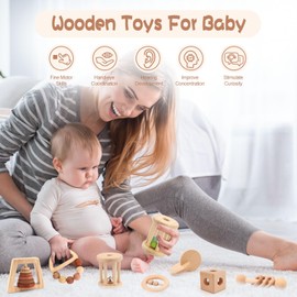 Wooden Baby Toys, 8PCS Wood Montessori Toys for Babies 18-36 Months, Wooden Baby Rattles Set for Grasping, Sensory Development and Cognitive Growth, Gift for Infant Girls Boys