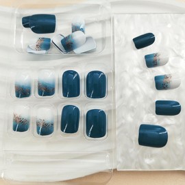 Press on Nails Short Sea Blue Fake Nails Square Acrylic Nails Press ons Full Cover False Nails with Golden Glitter Designs Summer Glossy Glue Stick on Nails for Women Girls 24 Pcs