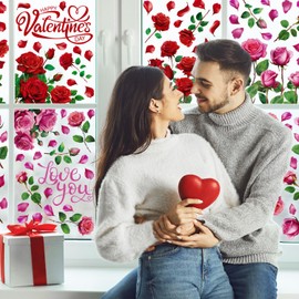 FINGOOO Red Rose Dark Pink Rose Window Clings, 6 Sheets Valentine's Day Window Stickers Double Sided Wedding Party Home Decorations