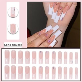 BAOYAALIN Long Square Press on Nails French White Fake Glue on Nails with Simple Rhinestones Design for Women Girls Full Cover Artificial Acrylic False Stick on Nail for Daily Wear Wedding 24Pcs