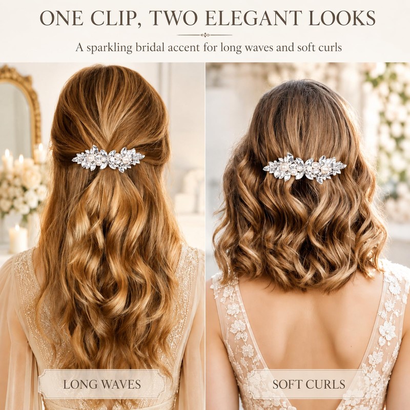 Rhinestone Hair Clip with Pearl, Sparkly Crystal Barrette for Women
