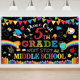 Mocsicka 5th Grade Graduate Banner - Next Stop Middle School Primary Graduation Party Decorations, Fifth Grade Graduation Wall Hanging Backdrop Decor