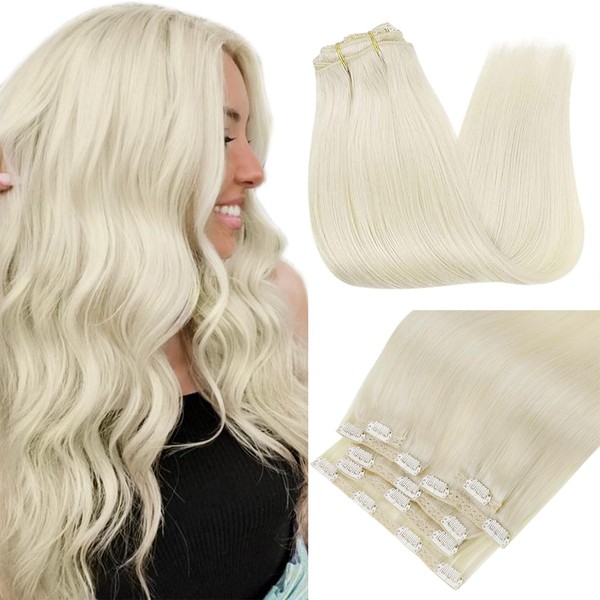 Runature Real Hair Clip-in Platinum Blonde Real Hair Extensions, Clip-in Blonde Hair Extensions, Remy Hair, 45 cm, #60 120 g