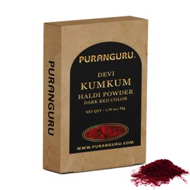 PuranGuru Devi Kumkum Powder | 50g/1.76 oz | Dark Red Color | Haldi Kumkum Powder for Pooja Makeup | Suhag Tikka Sindur Ceremonial Mark | Laxmi Devi Hindu Puja Kumkuma | Bridal Bindi Tilak Sindoor