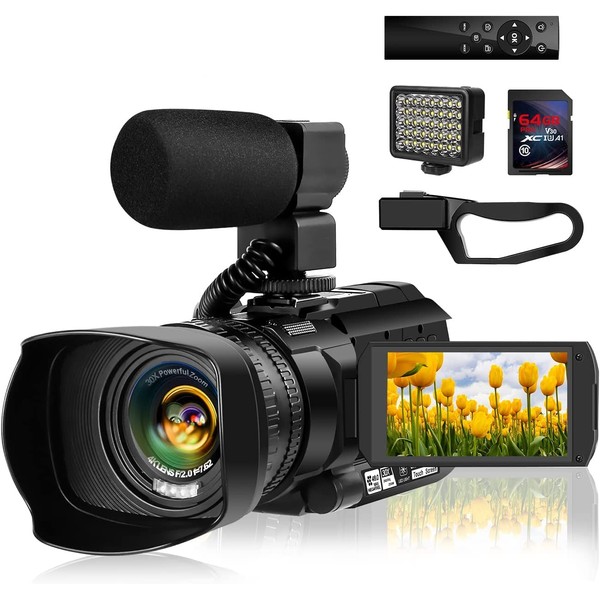 SPRANDOM 4K Video Camera Camcorder 48MP 60FPS WiFi Auto Focus YouTube Camera, 3.0 Inch Touch Screen 30X Digital Zoom Vlogging Camera with Microphone, Hand Stabiliser, Remote Control, 64G SD Card