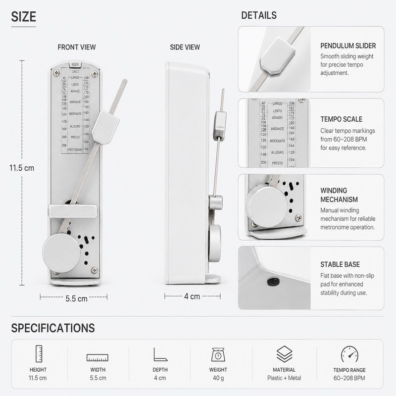 Mini Mechanical Metronome for Music Practice – Portable Wind-Up Tempo