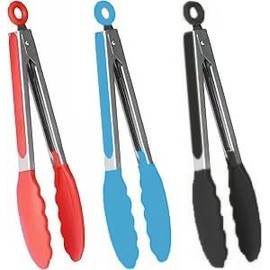 3 Piece Kitchen Tongs Set, 7’ Non-Slip Stainless Steel Cooking Tongs with Locking Clips for Cooking, Grilling, Serving, Heat Resistant Handles, Food Grade, Assorted Colours