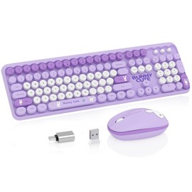 Wireless Keyboard and Mouse Combo, 106 Round Keys with OTG Adapter Full Size Cute Colorful Bunny Cute Design Wireless Typewriter for MacBook Windows Laptop Tablet Purple
