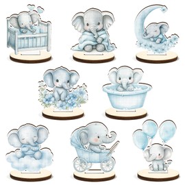 16 Pcs Wooden Baby Shower Table Centerpiece Blue Elephant Tabletop Detachable Sign It's A Boy Gender Reveal Table Toppers Display Decoration Elephant Birthday Photo Props Party Favor Supplies