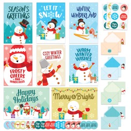 Decorably 16 Pack Snowman Christmas Cards with Envelopes & Stickers - 8 Designs with Printed Message Snowman Holiday Cards, 5x7in Snowman Christmas Card, Boxed Christmas Cards with Envelopes