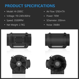 Hon&Guan Inline Duct Fan 760 CFM, 8 Inch Inline Fan Booster Duct Fan with Variable Speed Controller EC Motor, 8 inch Duct Fan for Heating Cooling Booster, Grow Tents, Hydroponics.