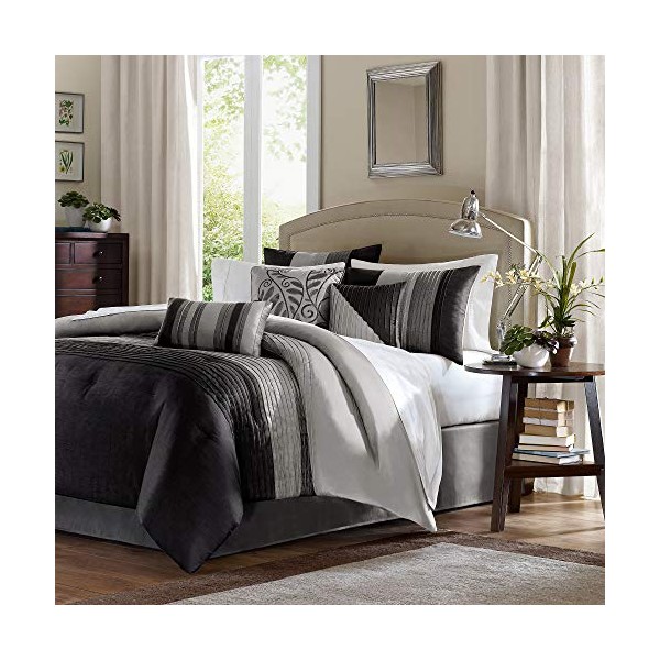 Madison Park Amherst Faux Silk Comforter Set-Casual Contemporary Design All Season Down Alternative Bedding, Matching Shams, Bedskirt, Decorative Pillows, King(104"x92"), Black, 7 Piece