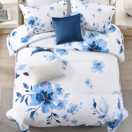 SahSahCasa Cotton Comforter Set King Size, King Comforter Bedding Set, Floral Botanical Fluffy Quilted All-Season Luxury Soft Comforter Bed Set, Duvets and Down Alternative, 3pcs, White/Blue