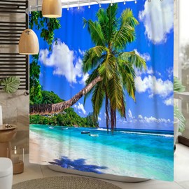 Summer Seaside Shower Curtain Set Ocean Beach Shower Curtain Blue Sky Sea Tropical Palm Trees Seaside Landscape Bath Curtain Waterproof Fabric Bathroom Décor 72x72 Inch Plastic Hooks