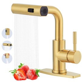 ALEASHA Bar Sink Faucet Single Hole, 3 Water Modes Wet Bar Faucets with Pull Out Sprayer, Prep Sink Faucet 360 Swivel for Small Kitchen Bathroom Faucets with cUPC Supply Lines, Brushed Golden